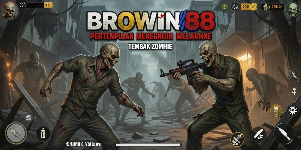 Tampilan antarmuka BROWIN88 menunjukkan aksi tembak menembak melawan zombie.
