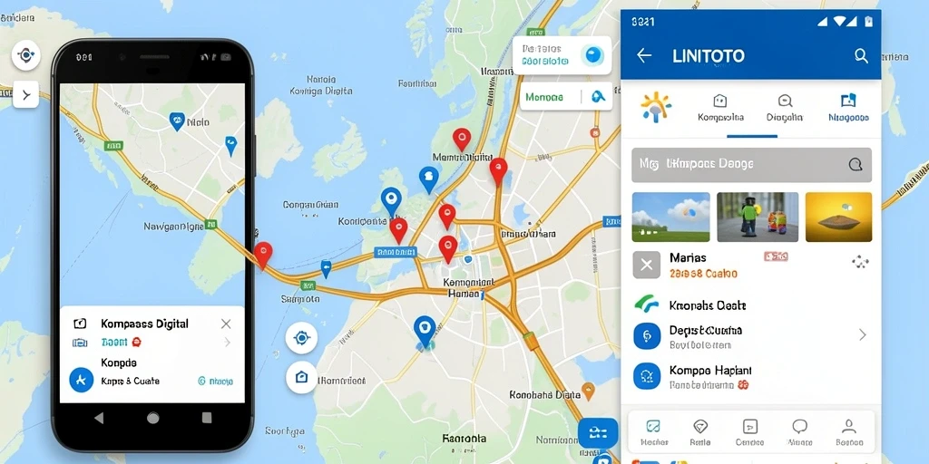 Antarmuka aplikasi Kompas Digital LINITOTO menampilkan arah dan lokasi pengguna.
