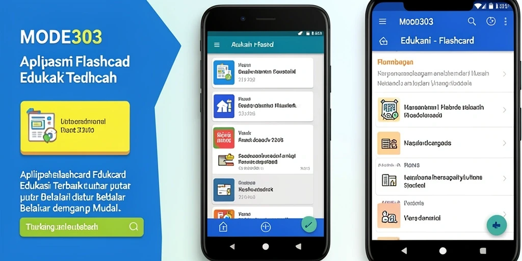 Antarmuka utama aplikasi MODE303 dengan fitur Flashcard interaktif.